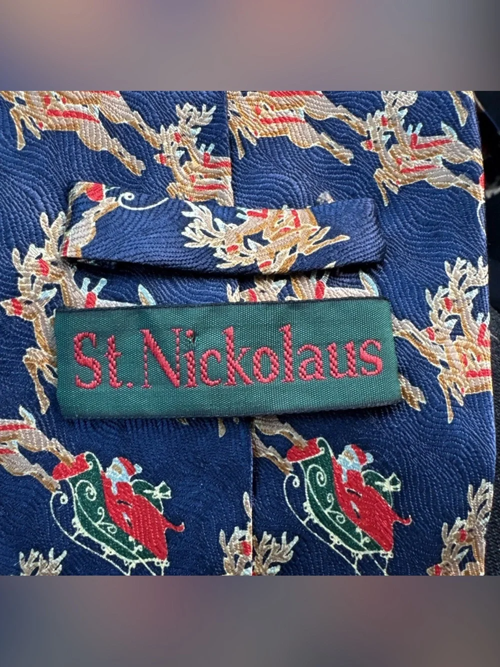 St. Nickolaus Santa And‎ His Reindeer Sleigh Christmas 100% Silk Navy Multicolor